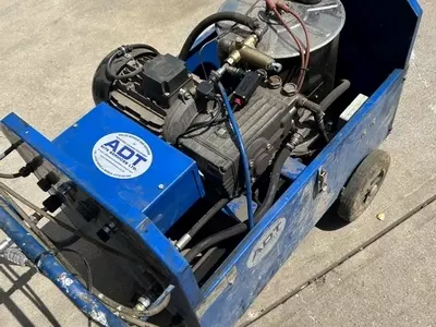 Nilfisk DTE 500HM diesel hot pressure washer running during testing after contaminated fuel repair in Leicester.